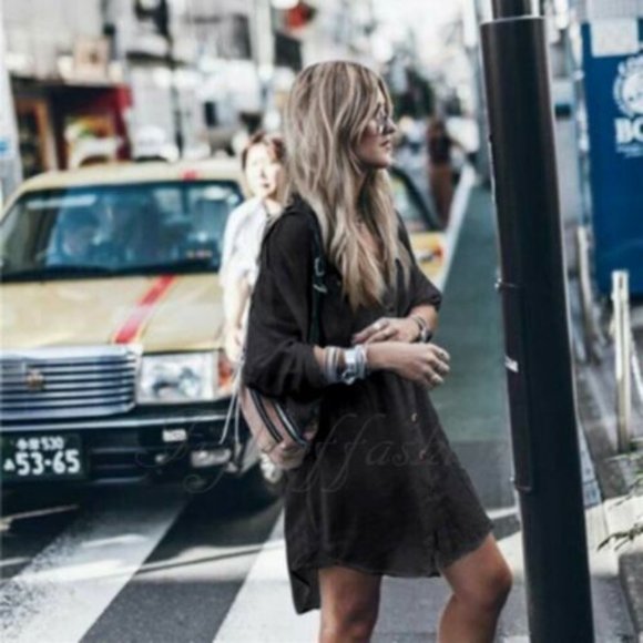 New Black Long Sleeve Button Front Shirt Dress Tunic Summer Beach Fall Market - Picture 4 of 8